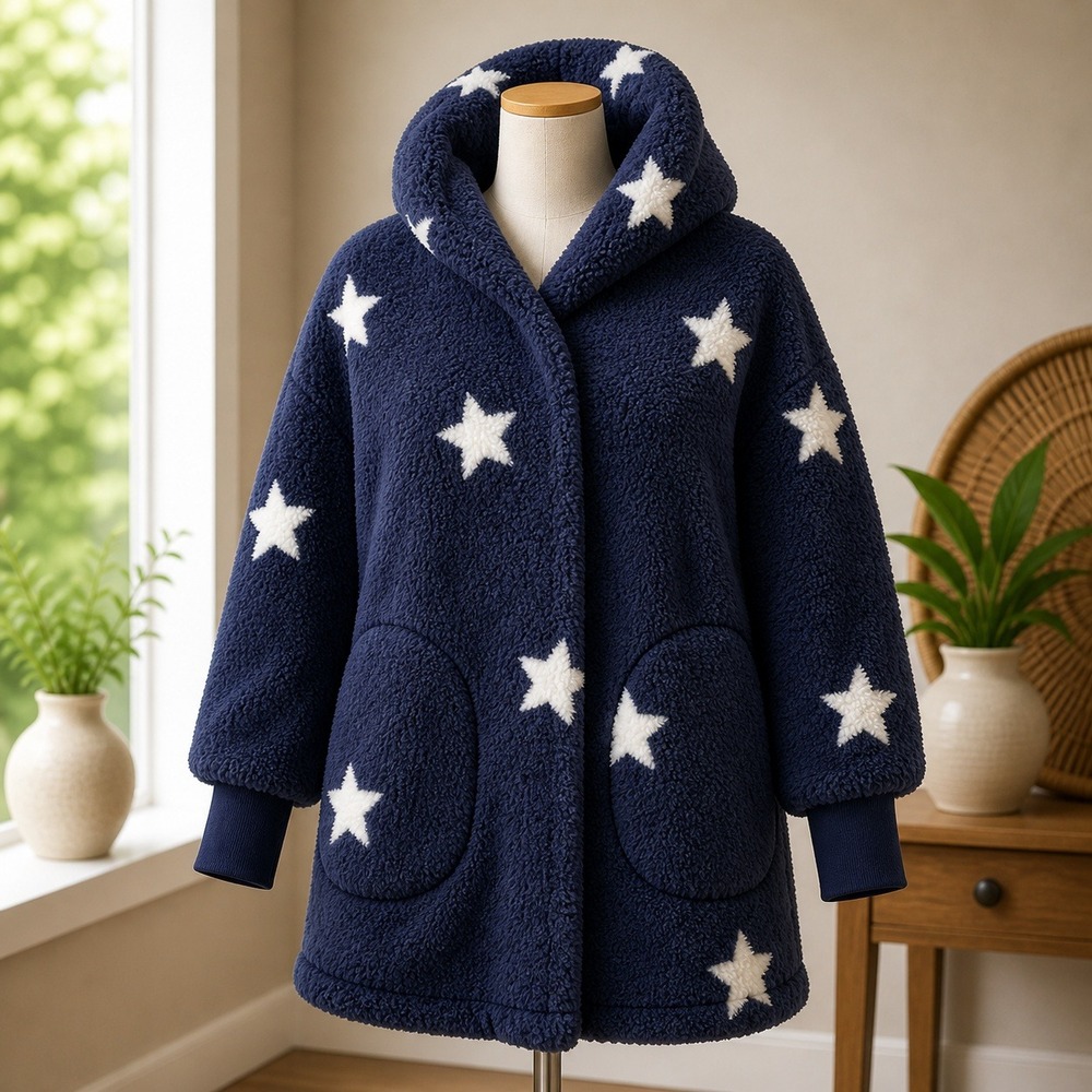 Jill Martin Sherpa Star Hooded Loungewear Poncho Navy Blue White M/L